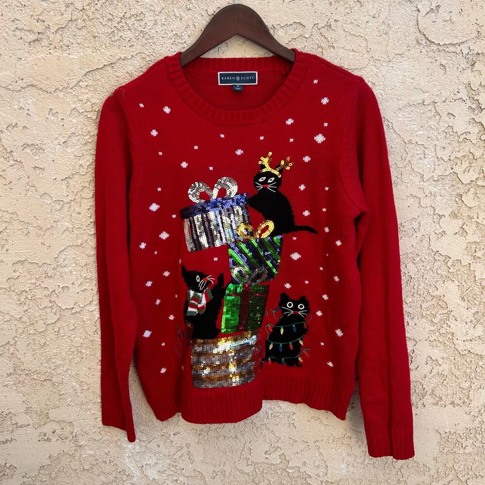 Karen Scott Christmas Sequin Cat Christmas Sweater Size Medium